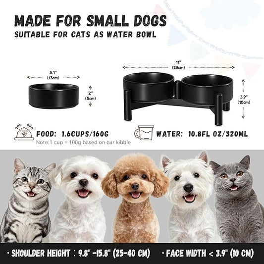 Raised Ceramic Dog Bowl Set - Elevated Double Dishes with Stainless Steel Stand - Food and Water Bowls for Small Dogs and Indoor Cats - Each Holds 1.6 Cups (10.8 fl oz) - Black