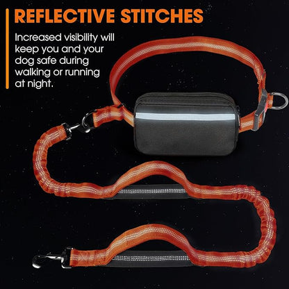 Hands Free Dog Leash with Waist Belt – No-Pull Bungee, Dual Padded Handles & Zipper Pouch for Running, Walking & Training – Adjustable Waist Leash for Large & Medium Dogs (Orange)