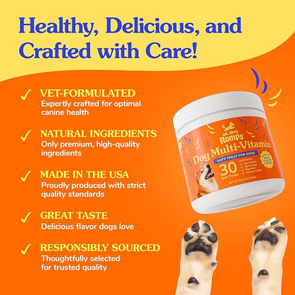 Dr Jay's Romps Dog Multivitamin Chews - Collagen Type II for Joint, Skin & Coat Support - Daily Dog Vitamins & Supplements for Immune & Digestion Health - Soft Chews for All Life Stages - 30 Count
