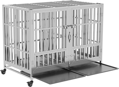 37" 42" 48" Heavy Duty Dog cage Stainless Steel Metal Kennel and Crate, Collapsible for Medium to Large Dogs, Easy to Assemble pet Pen with Four Lockable Wheels, Black Tray (48in-sm)