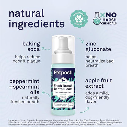 Petpost | Fresh Breath Foam for Dogs - Mint & Apple Flavored Dental Solution That Eliminates Bad Breath - Natural Tooth Cleaning Treatment 5 oz.