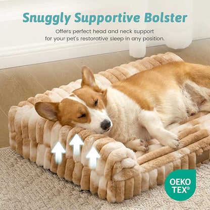COZY KISS Cute Dog Bed, Faux Rabbit Fur Orthopedic Foam Dog Bed with Sides, Removable Washable Cover & Waterproof Lining, Comfortable Pet Couch for Medium Dogs, Tie-Dye Brown (36" L x 20" W x 6" Th)