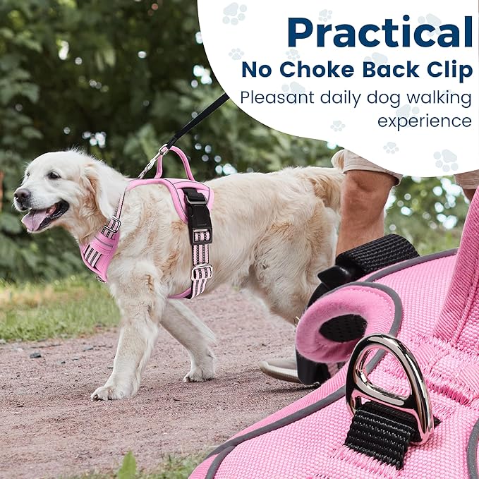 Funfox Dog Harness Medium No Pull, Adjustable 2 Clips Anti-Pull Vest with Practical Handle, Breathable Padded Pet Harness Designed for Small/Large Breeds, Reflective Training Walking Pink M