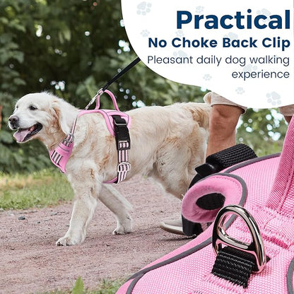 Funfox Dog Harness Medium No Pull, Adjustable 2 Clips Anti-Pull Vest with Practical Handle, Breathable Padded Pet Harness Designed for Small/Large Breeds, Reflective Training Walking Pink M