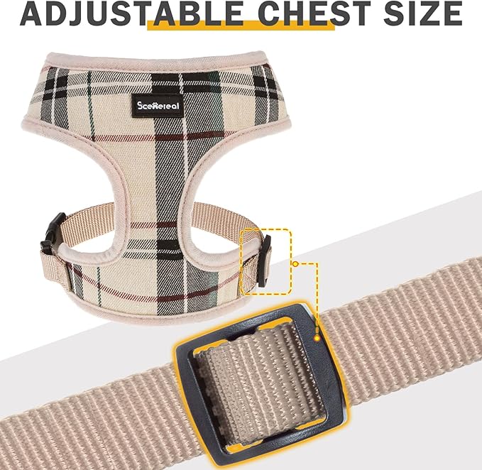 SCENEREAL Puppy Dog Harness with Leash Set for Small Medium Sized Dogs, Soft Mesh Step in Pet Harnesses and Leash, No Chock Plaid Adjustable No Pull Vest for Dogs Cats, Chihuahua,Bulldog (Beige M)