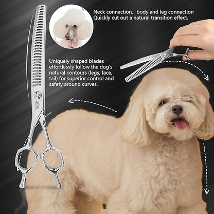 Stjuo Professional Dog Grooming Scissors, Japanese 440C Stainless Steel, 62 HRC Hardness (Curved Chunker, 7'')