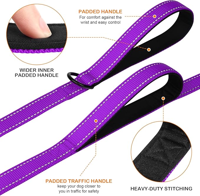 Joytale Dog Leash Heavy Duty for Large Dogs That Pull, Double Handle for Traffic Control, Double-Sided Reflective Leashes for Large Medium Dogs Night Safety, 6FT, Purple