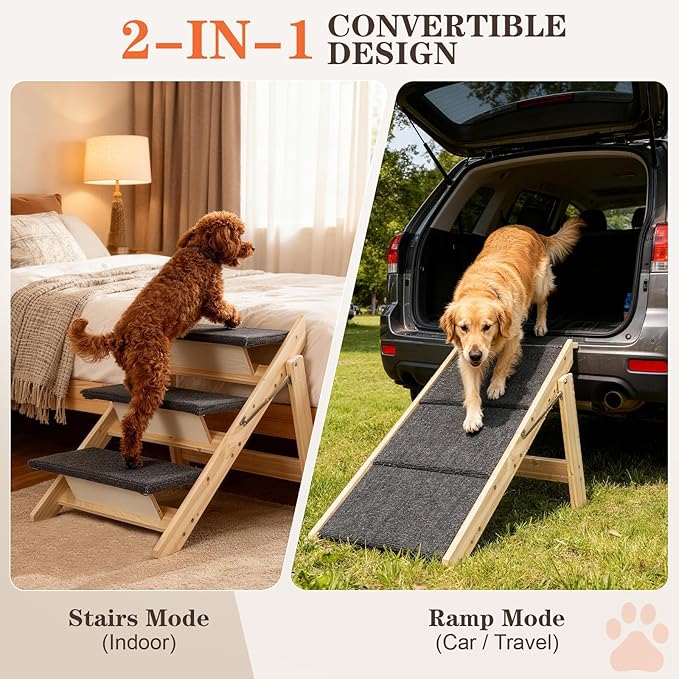 Dog Stairs/Steps, 2-in-1 Foldable Wooden Pet Stairs, Wood Frames and Non-Slip Carpet Suitable for High Beds, Car, Couch, Durable Wooden Dog Stairs for Small Medium and Large Dogs,3 Steps