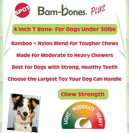 SPOT Bam-Bones Plus T-Bone, Bamboo Fiber & Nylon Dog Chew, Durable for Aggressive Chewers, Non-Splintering, for Adult Dogs & Teething Puppies Under 30lbs, 4in, Chicken Flavor