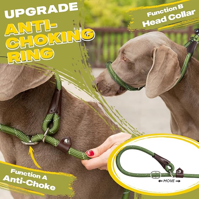 Fida Slip Leads for Dogs, 4 FT x 1/2" Dog Leash Heavy Duty Comfortable Strong Rope Lead for Large, Medium Dogs, No Pull Pet Training Leash with Highly Reflective,Green