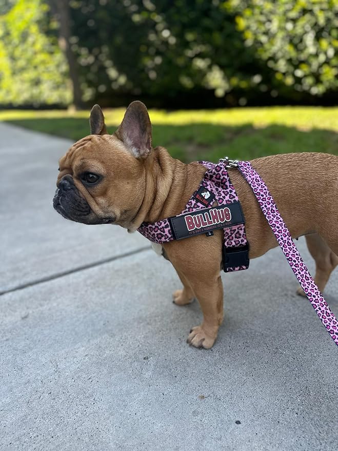 BULLHUG Adjustable Dog Harness– No Pull, No Choke – for English Bulldogs, French Bulldogs, Pugs & Broad-Chested Breeds – Easy, Safe Walks (Leopard Pink, Large)
