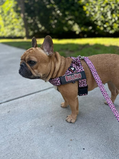 BULLHUG Adjustable Dog Harness– No Pull, No Choke – for English Bulldogs, French Bulldogs, Pugs & Broad-Chested Breeds – Easy, Safe Walks (Leopard Pink, Large)