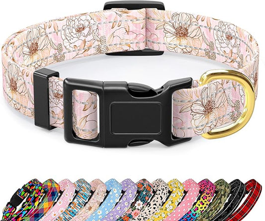 Reflective Dog Collar for Large Dogs, Cute Flower Theme Adjustable Heavy-Duty Nylon Puppy Collar for Boy and Girl Female, Soft Pet Accessories with Quick Release Buckle, Neck 16-24", Pink