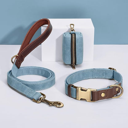 Didog Soft PU Leather Dog Collars for Medium Dogs,Classic Adjustable Dog Collars with Quick Release Metal Buckle,Easy Clean and Comfortable with Nylon Lining,Denim Blue,M Neck 14-19"