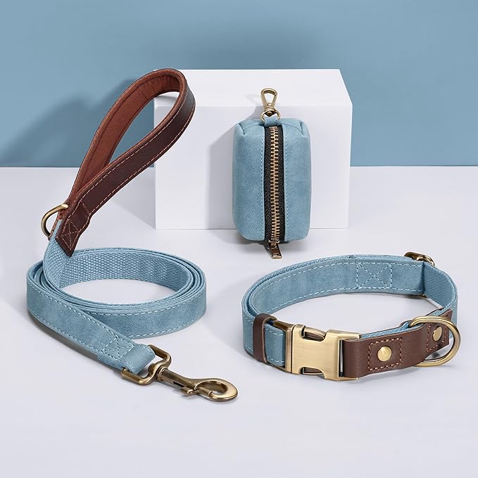 Didog Soft PU Leather Dog Collar for Large Dogs,Classic Adjustable Dog Collars with Quick Release Metal Buckle,Easy Clean and Comfortable with Nylon Lining,Denim Blue,L Neck 16-23"