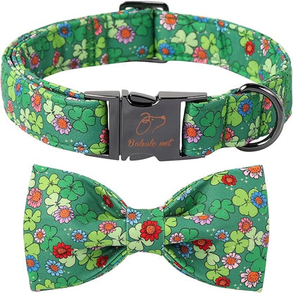 St Patricks Day Dog Collar with Bow Tie, Green Clover Bowtie Dog Collar with Metal Buckle, Adjustable Shamrock Pet Collar for Girls&Boys Dogs, X-Small