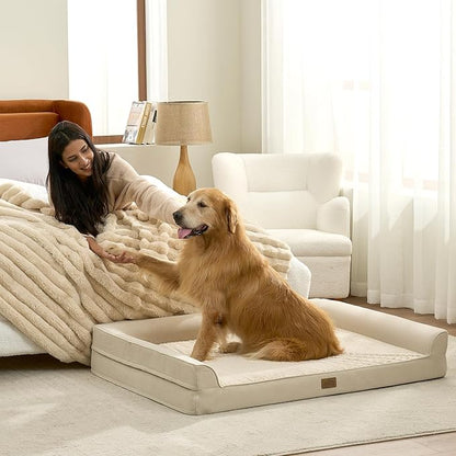 COZY KISS Dog Beds for Extra Large Dog, XXL Bolster Pet Couch with Waterproof Lining, Egg Crate Foam Sofa for Pets Up to 150 lbs, U-Shaped, 48x35x8 inch, Beige