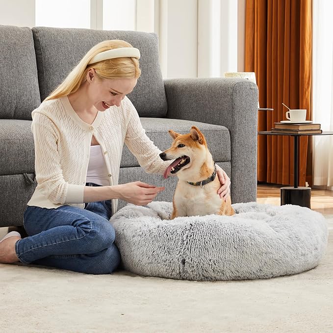 DUMOS 30.7x30.7 Inch Calming Donut Dog Beds for Large Dogs, Machine Washable Cuddler Warming Cozy Fluffy Faux Fur Plush Round Pet Bed Medium Sized Bed for Indoor Dogs and Cats, Grey