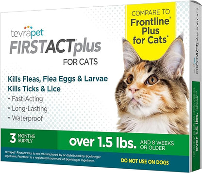 TevraPet FirstAct Plus Flea and Tick Topical for Cats over 1.5lbs, 3 Dose Waterproof Flea and Tick Control/Prevention for 3 Months