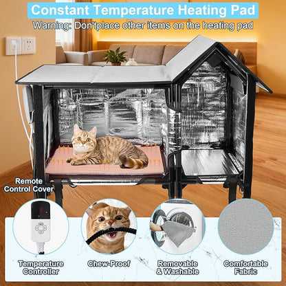 Xosody Heated Cat House for Outside Cats- 100% Weatherproof Insulated Outdoor Cat House with Heating Pad, Elevated Base & Safe Escape Door, Warm Kitty Shelter for Feral or Stray Cats in Winter