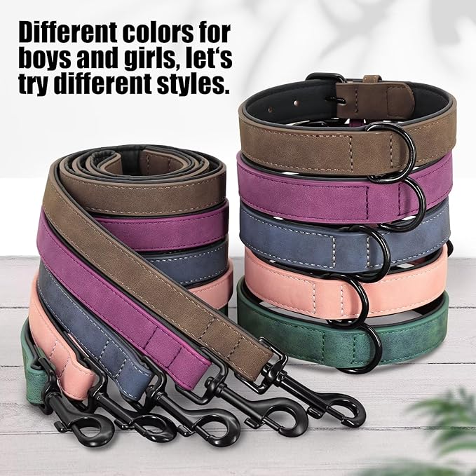 Didog Soft Padded Leather Dog Collar and Leash Set, Adjustable Dog Lead and Collar Set with Metal Buckle, Breathable Pet Collars with 4FT PU Leather Leash for Small Medium Dogs, Green, M