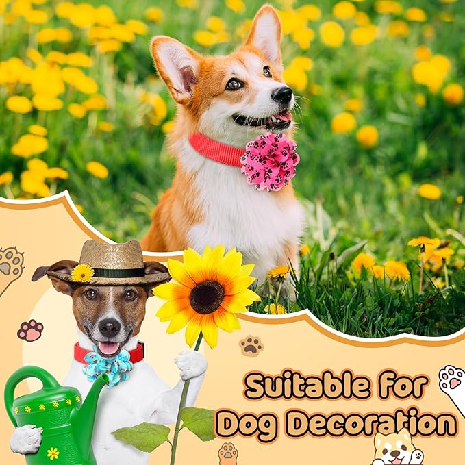 50 Pieces Paw Print Dog Collar Flowers Bulk Dog Paw Print Charms Grooming Accessories Bow Tie Flower for Pets Cat Collar Attachment Embellishment