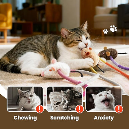 PURETOY Cat Chew Ropes with Catnip Mice, 3Pcs Cat Chew Toys for Kitten/Large Cats Enrichment, 3-in-1 Catnip Toys Mouse & Strong Braided Ropes & Gall Fruits, Cats Teething Toys
