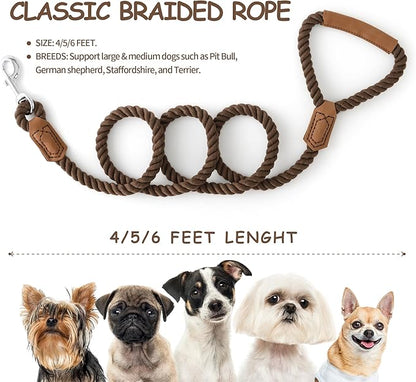 Mile High Life Dog Leash, Braided Cotton Rope Leashes with Leather Handle - Heavy Duty Metal Clasp, 6FT, 1/2" Thick - Wedding, Walking & Training Leash for Small Medium Large Dogs (Dark Brown)