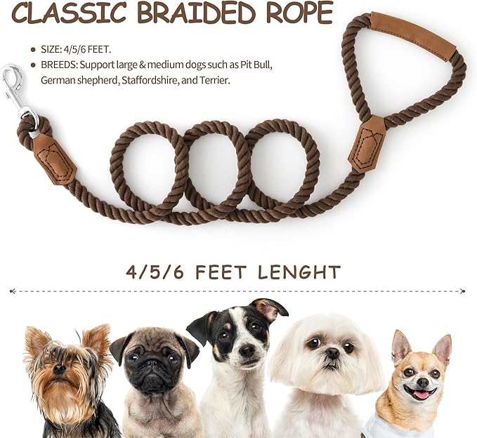Mile High Life Dog Leash, Braided Cotton Rope Leashes with Leather Handle - Heavy Duty Metal Clasp, 5FT, 1/2" Thick - Wedding, Walking & Training Leash for Small Medium Large Dogs (Dark Brown)