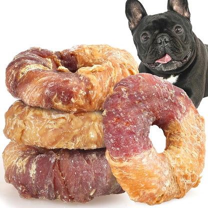 ASMPET Dog Donut Treats, Chicken Duck Wrapped Rawhide Donuts, Dental Care Dog Chews (Pack of 4)