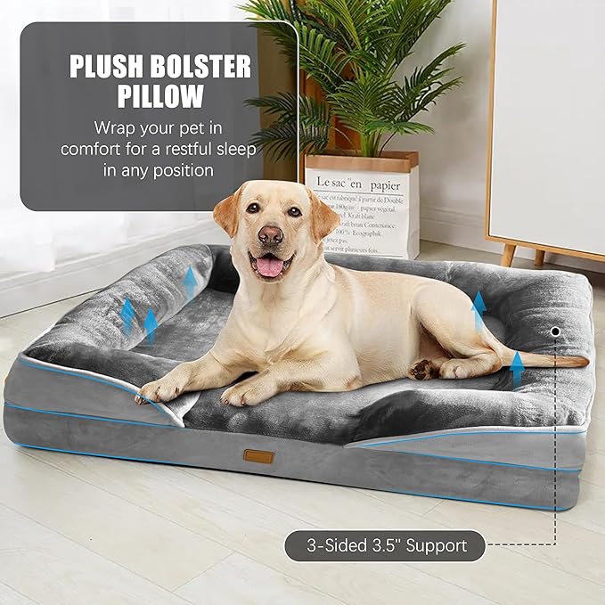Spotted Play Orthopedic Dog Bed with Sides - Dog Sofa Beds for Extra Large Dogs, Supportive Foam Pet Couch Bed with Washable Removable Cover, Waterproof Lining and Non-Slip Bottom, Grey - XL-Plus