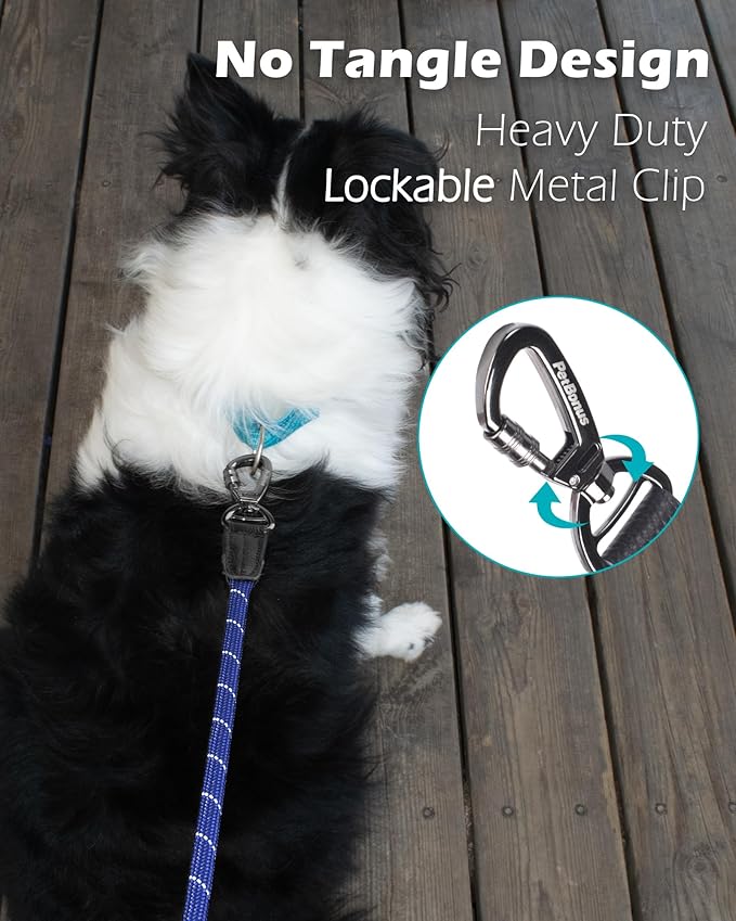 PetBonus Double Handle Rope Dog Leash, 5FT Heavy Duty Training Lead with Lockable Hook and 2 Comfortable Padded Handles, Reflective Walking Nylon Leash for Large Medium Dogs (55-200 lbs, Blue)