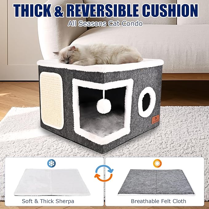 Felt Cat Cave Beds for Indoor Cats, Foldable Cat Hideaway with Scratch Pad and Fluffy Ball, Large Covered Cat House with Reversible Cushion for Multi Small Pet