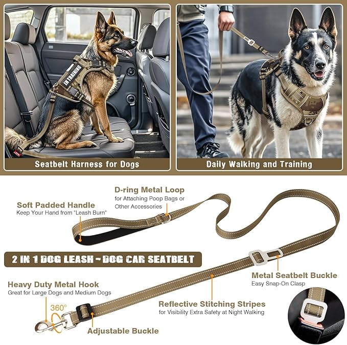MOOGROU Tactical Dog Harness and Leash Set for Large Dogs,Heavy Duty No Pull Service Dog Vest and 10 Patches with Dog Seat Belt,Reflective Adjustable Pet Harness for Training Walking Hiking Camo XL