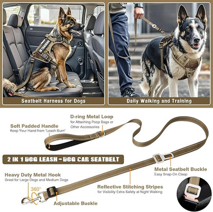 MOOGROU Tactical Dog Harness and Leash Set for Large Dogs,Heavy Duty No Pull Service Dog Vest and 10 Patches with Dog Seat Belt,Reflective Adjustable Pet Harness for Training Walking Hiking Camo XL
