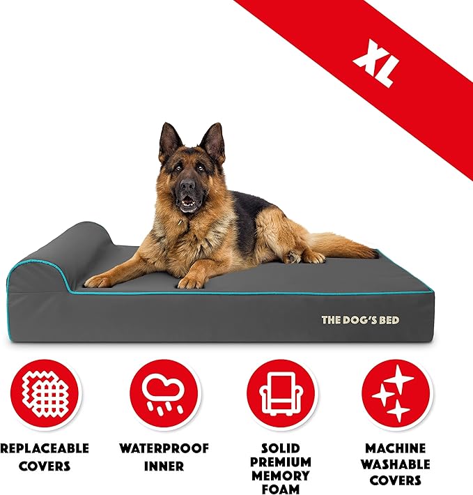 The Dog’s Bed Orthopedic Headrest Dog Bed XL Grey/Blue, Memory Foam, Pain Relief for Arthritis, Hip & Elbow Dysplasia, Post Surgery, Lameness, Waterproof Washable Cover, Veterinary Approved