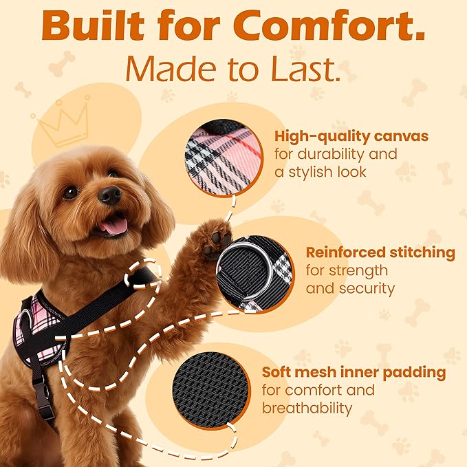 Bark Appeal Pink Plaid No-Pull Dog Harness for Extra Large Sized Pets – Adjustable, Reflective Vest with 3 Leash Clips for Added Control, Easy Walks & Training – XXL