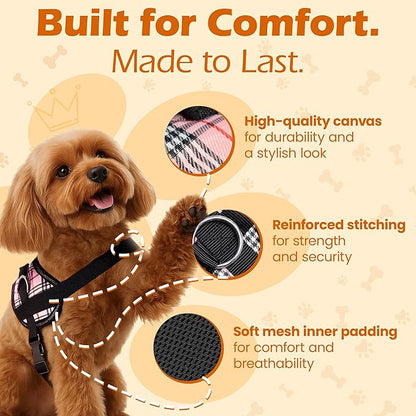 Bark Appeal Pink Plaid No-Pull Dog Harness for Extra Large Sized Pets – Adjustable, Reflective Vest with 3 Leash Clips for Added Control, Easy Walks & Training – XXL