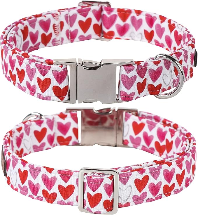 Lionet Paws Valentine's White Dog Collar, Cute Heart Dog Collar for Medium Dogs, Adjustable Cotton Pet Collars for Small Medium Dogs