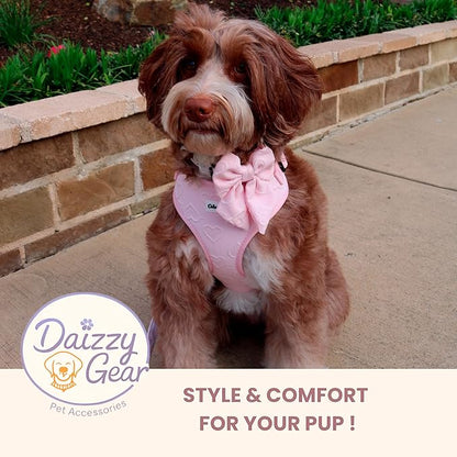 Small Dog Harness Set – Cute No Pull, All Weather, Breathable Harness and Leash Set with Collar, Bandana, Sailor Bow & Poop Bag Holder – Adjustable, Soft & Stylish - Pink Hearts on Jacquard Fabric