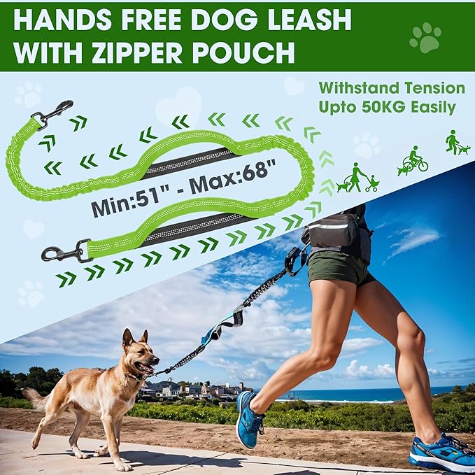 Hands Free Dog Leash with Waist Belt – No-Pull Bungee, Dual Padded Handles & Zipper Pouch for Running, Walking & Training – Adjustable Waist Leash for Large & Medium Dogs (Chartreuse)