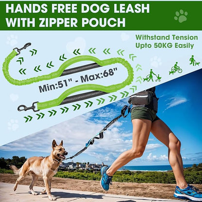 Hands Free Dog Leash with Waist Belt – No-Pull Bungee, Dual Padded Handles & Zipper Pouch for Running, Walking & Training – Adjustable Waist Leash for Large & Medium Dogs (Chartreuse)