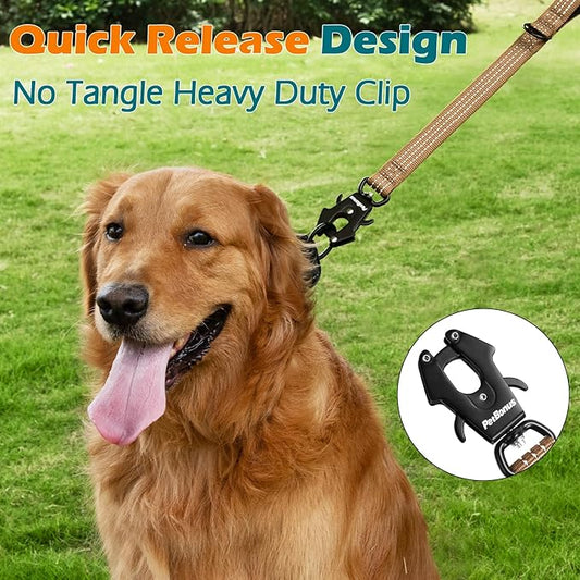 PetBonus Heavy Duty Short Dog Leash, 24 Inch Nylon Traffic Leash with Quick Release Clip, Comfortable Padded Handle, Reflective Training Lead for Medium Large Dogs (Brown, 24")
