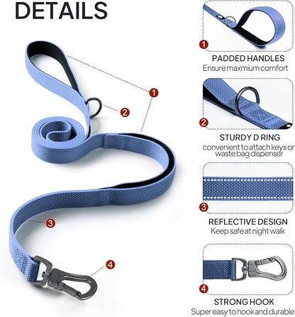 TwoEar 6FT 1IN Strong Dark Blue Dog Leash with 2 Padded Handles, Traffic Handle Extra Control, Comfortable Soft Dual Handle, Auto Lock Hook, Reflective Walking Lead for Small Medium and Large Dogs