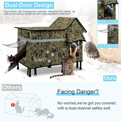Xosody Heated Cat House for Outside Cats- 100% Weatherproof Insulated Outdoor Cat House with Heating Pad, Elevated Base & Safe Escape Door, Warm Kitty Shelter for Feral or Stray Cats in Winter
