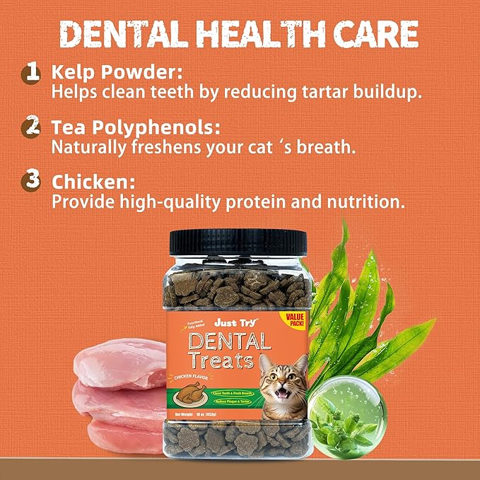 Just Try 16 OZ Dental Health Treats for Cats - Advanced Kelp Clean Teeth & Fresh Breath - Reduce Plaque & Tartar - Chicken Flavored Chews