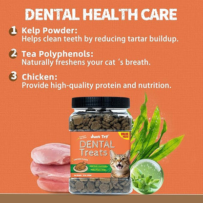Just Try 16 OZ Dental Health Treats for Cats - Advanced Kelp Clean Teeth & Fresh Breath - Reduce Plaque & Tartar - Chicken Flavored Chews