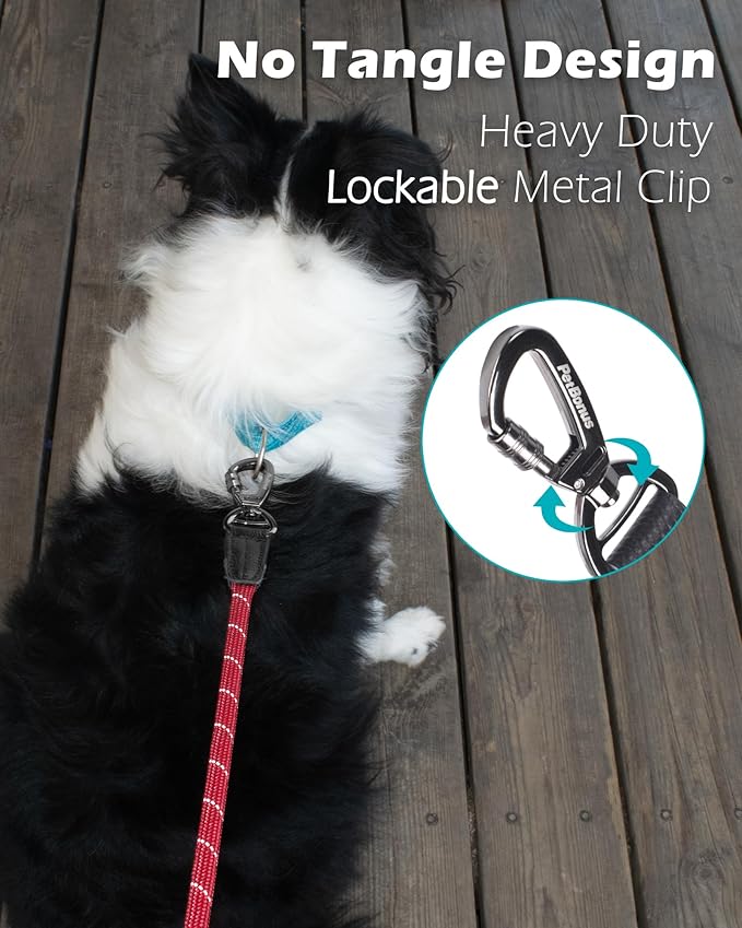 PetBonus Double Handle Rope Dog Leash, 5FT Heavy Duty Training Lead with Lockable Hook and 2 Comfortable Padded Handles, Reflective Walking Nylon Leash for Large Medium Dogs (55-200 lbs, Red)