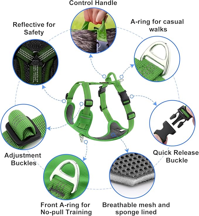 Plutus Pet No Pull Dog Harness, Reflective Adjustable Dog Vest Harness with Handle, Escape Proof, Soft Padded for Small Medium Large Dogs (Green, S)