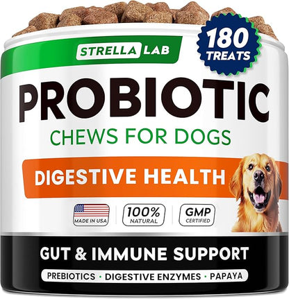 STRELLALAB Dog Probiotics Chews for Digestive Health & Gut Support with Yeast and Enzymes - Anti Gas, Diarrhea and Upset Stomach Immune Supplement - Digestion Treats with Fiber (180Ct, Bacon)